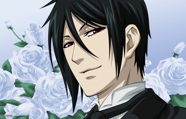 Обои картинки фото аниме, kuroshitsuji, розы, цветы, себастьян, михаэлис, темный, дворецкий