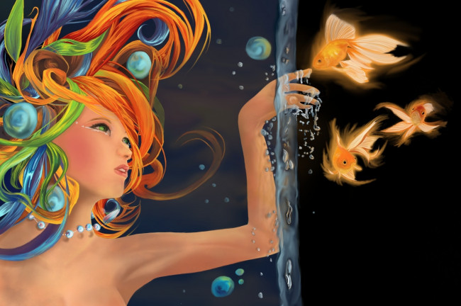 Обои картинки фото фэнтези, девушки, рыбы, рыбки, девушка, вода, рисунок, пузырьки, рука, золотые