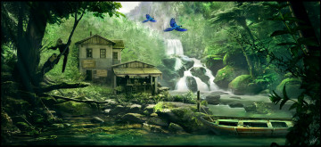 Картинка рисованное природа дом река горы водопад лодка птицы обезьяна камни лето