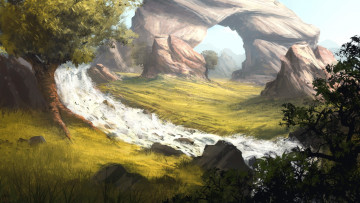 Картинка рисованное природа горы лес река