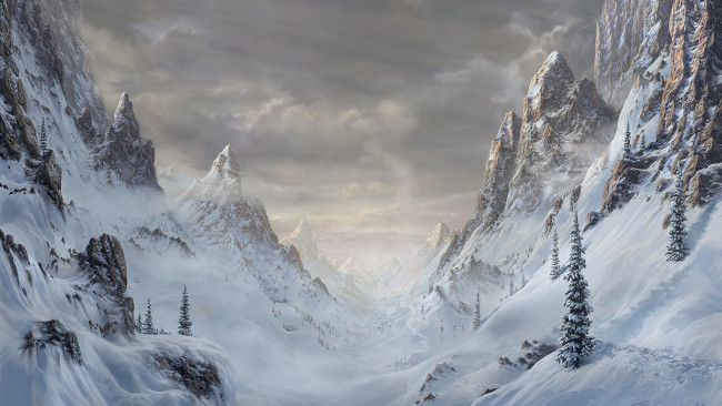 Обои картинки фото рисованное, природа, зима, снег, горы