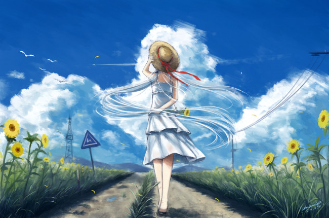 Обои картинки фото аниме, unknown,  другое, sombernight, арт, девушка, поле, шляпа, лето, небо, облака, подсолнухи