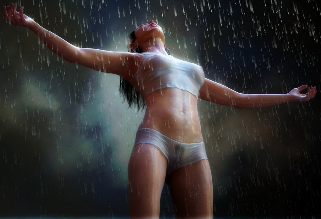 Обои картинки фото рисованное, люди, девушка, дождь, фон