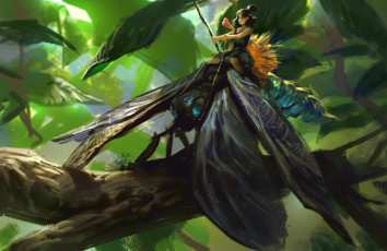 Картинка фэнтези существа листья ветка лес наездник насекомое арт фея