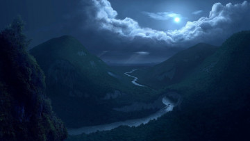 Картинка рисованное природа звёзды небо лес река пейзаж ночь