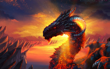 Картинка фэнтези драконы лучи голова рога чешуя сияние дракон скалы рассвет