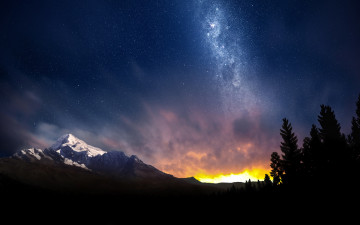 Картинка природа горы вершины снег путь млечный звёзды небо свет утро