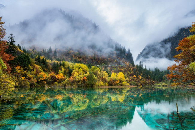 Обои картинки фото природа, реки, озера, леса, осень, озеро, китай, туман, горы, краски
