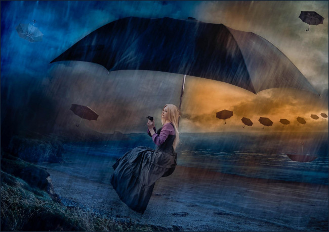 Обои картинки фото разное, компьютерный дизайн, art, зонт, девушка, шторм, дождь