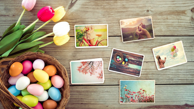 Обои картинки фото праздничные, пасха, тюльпаны, корзинка, открытки, крашенки