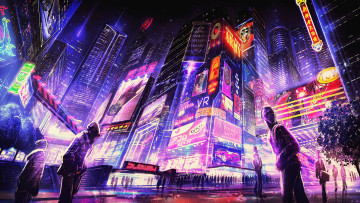 Картинка фэнтези иные+миры +иные+времена киберпанк город реклама огни люди
