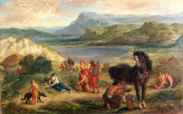 обоя овидий среди скифов,  делакруа эжен, рисованное, eugene delacroix, люди, лошадь, озеро, горы