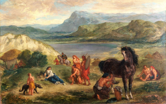 Обои картинки фото овидий среди скифов,  делакруа эжен, рисованное, eugene delacroix, люди, лошадь, озеро, горы