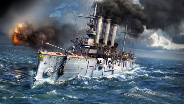 обоя видео игры, world of warships, корабль, крейсер, огонь, море, дым