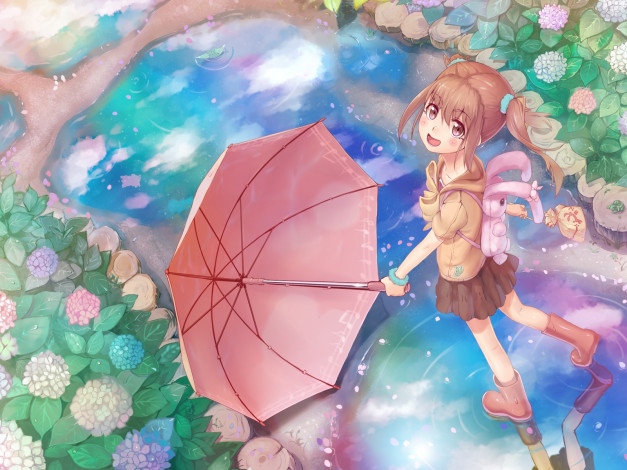 Обои картинки фото аниме, *unknown, другое, девушка, цветы, зонт