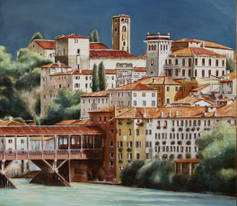 Картинка andy lloyd bassano del grappa рисованные город здания мост река