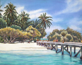 обоя andy, lloyd, beach, in, the, maldives, рисованные, мальдивы, мостик, пальмы, тропики