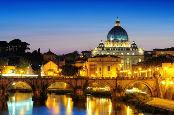 обоя roma, italia, города, рим, ватикан, италия, река, ночь, город, мост, собор