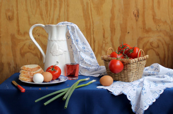 Картинка еда натюрморт кувшин яйца лук помидоры