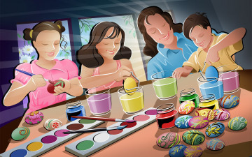 Картинка рисованные люди пасха традиция подготовка семья краски яйца