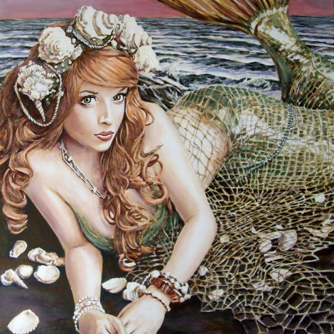 Обои картинки фото andy, lloyd, turn, loose, the, mermaid, рисованные, девушка, русалка, сеть, ракушки, море