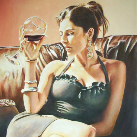 Обои картинки фото andy, lloyd, red, wine, рисованные, девушка, бокал, вина, серьга