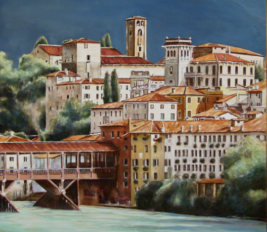 Обои картинки фото andy, lloyd, bassano, del, grappa, рисованные, город, здания, мост, река