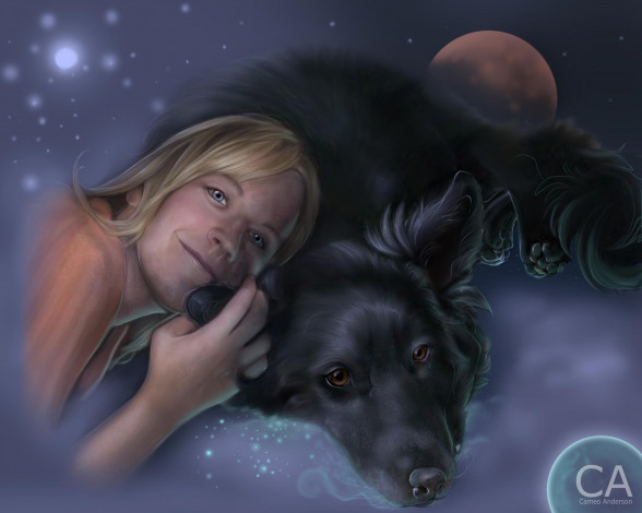 Обои картинки фото рисованные, люди, луна, девушка, собака