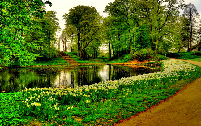 Обои картинки фото природа, парк, пруд, аллея, лестница, цветы, трава, деревья