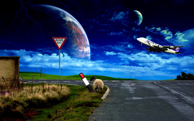 Обои картинки фото разное, компьютерный, дизайн, самолёт, небо, знак, дорога, овца