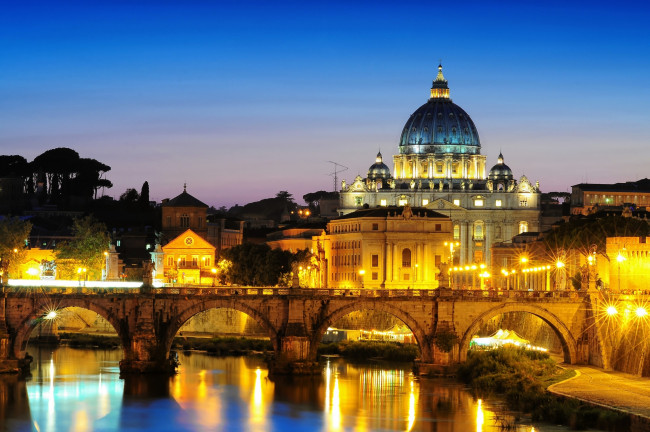 Обои картинки фото roma, italia, города, рим, ватикан, италия, река, ночь, город, мост, собор
