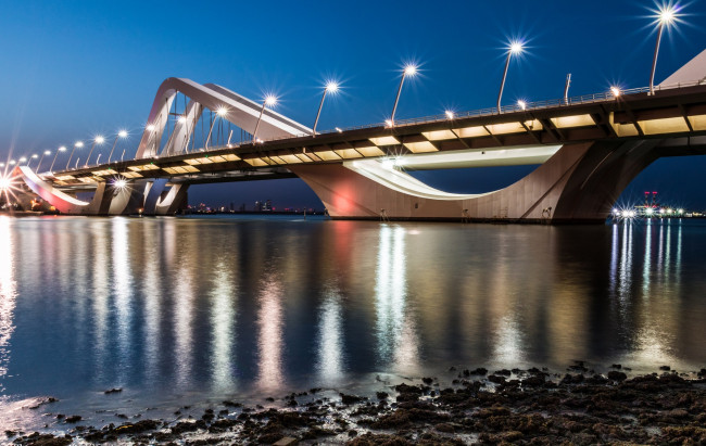 Обои картинки фото sheikh zayed bridge, города, абу-даби , оаэ, огни, мост, река, ночь
