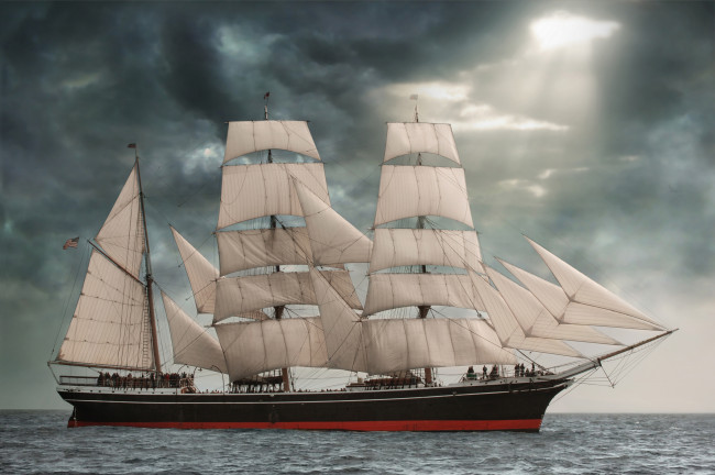 Обои картинки фото star of india, корабли, парусники, тучи, барк, паруса, море, парусник, звезда, индии, star, of, india