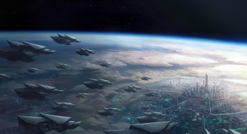 Картинка фэнтези иные+миры +иные+времена атмосфера корабли планета город