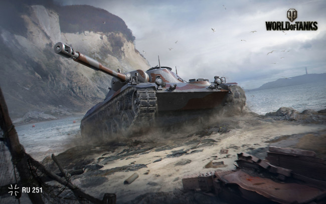 Обои картинки фото видео игры, мир танков , world of tanks, лёгкий, танк, spаhpanzer, ru, 251, горы, вода, пыль