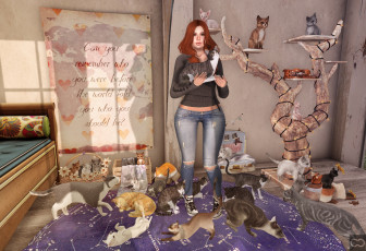 Картинка 3д+графика люди+и+животные+ people+and+animals девушка взгляд фон коты