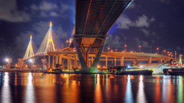 обоя bhumibol bridge,  bangkok,  thailand, города, бангкок , таиланд, огни, река, мост