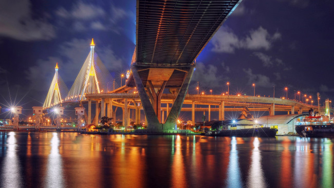 Обои картинки фото bhumibol bridge,  bangkok,  thailand, города, бангкок , таиланд, огни, река, мост