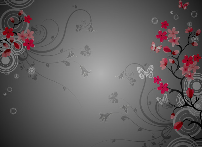 Обои картинки фото векторная графика, цветы , flowers, бабочки, цветы, сакура, ветки, круги