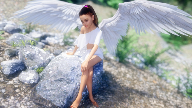 Обои картинки фото 3д графика, ангел , angel, девушка, взгляд, фон