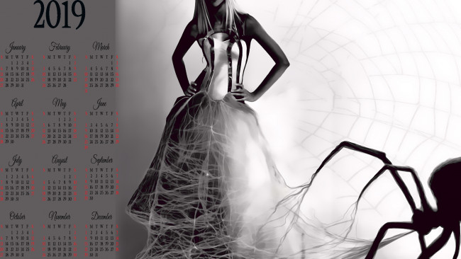 Обои картинки фото календари, фэнтези, паук, девушка, паутина