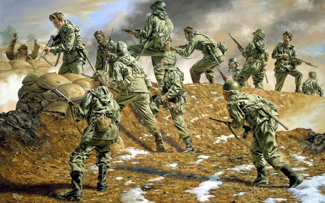 Обои картинки фото рисованное, армия, солдаты, атака, окоп