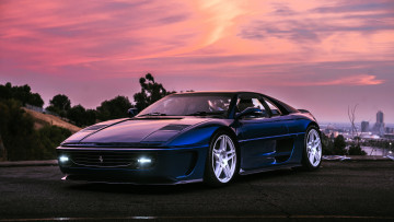 обоя автомобили, ferrari, фиолетовая, закат, город