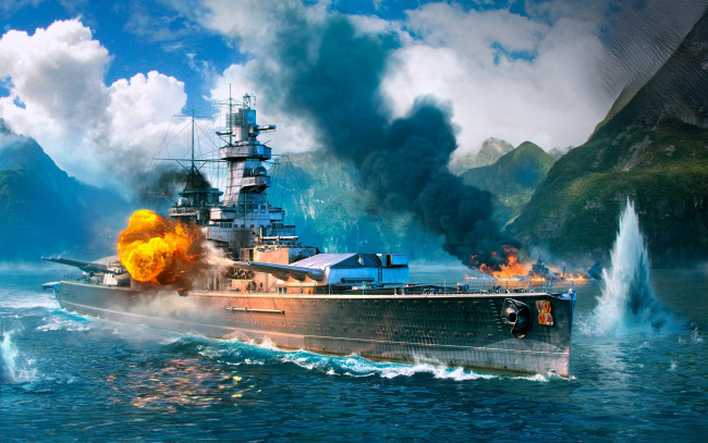 Обои картинки фото видео игры, world of warships, корабли, бой, огонь, дым, море, горы