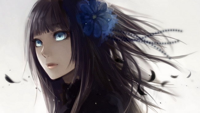 Обои картинки фото аниме, *unknown, другое, девушка, чёрные, волосы, простой, фон, цветок, лепестки, челка