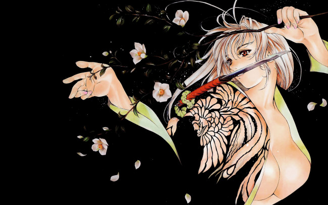 Обои картинки фото аниме, tenjou, tenge, ветвь, нож, юката, майя, нацумэ, девушка, блондинка, грудь, бутоны