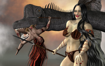 Картинка 3д графика fantasy фантазия динозавр девушка