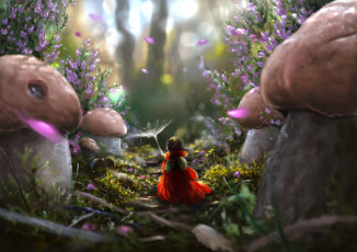 Картинка фэнтези существа девочка лепестки грибы тропинка лес арт