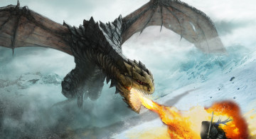 Картинка фэнтези драконы воин снег горы ярость нападение оборона оружие огонь