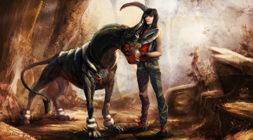 Картинка фэнтези красавицы+и+чудовища девушка лес камни существо рога